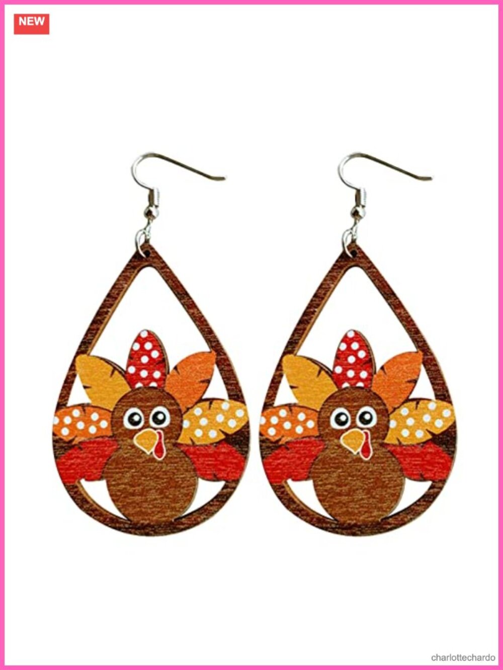 Wooden Thanksgiving Dangle Earrings Pumpkin Maple Leaf Turkey French Wire